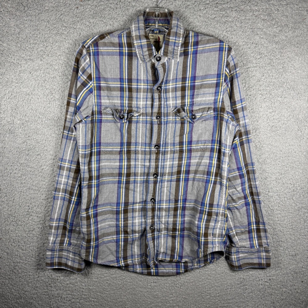Relwen Mens Small Plaid Button Down Shirt Grey Blue Yellow Long Sleeve 3330